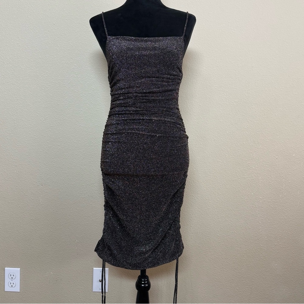 Papermoon dress women small fitted sparkly ruched spaghetti strap midi black